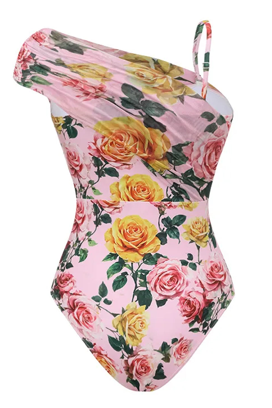 Liore Ροζ Φλοράλ Ολόσωμο Μαγιό με Έναν Ώμο και Φούστα Παρεό Σετ | Μαγιό - Ολόσωμα - Swimwear One Piece | Liore Pink Floral One Shoulder Swimsuit with Pareo Skirt Set