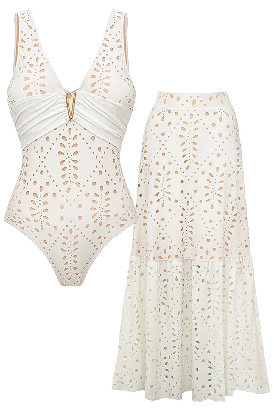Cirelle Λευκό Ολόσωμο Μαγιό με Διάτρητο Σχέδιο και Φούστα Παρεό Σετ | Μαγιό - Ολόσωμα - Swimwear One Piece | Cirelle White One-Piece Swimsuit with Broderie Details