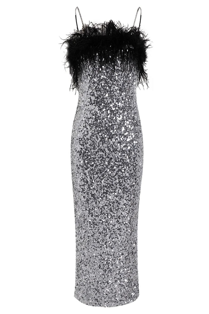 Robe midi à paillettes et plumes Elita