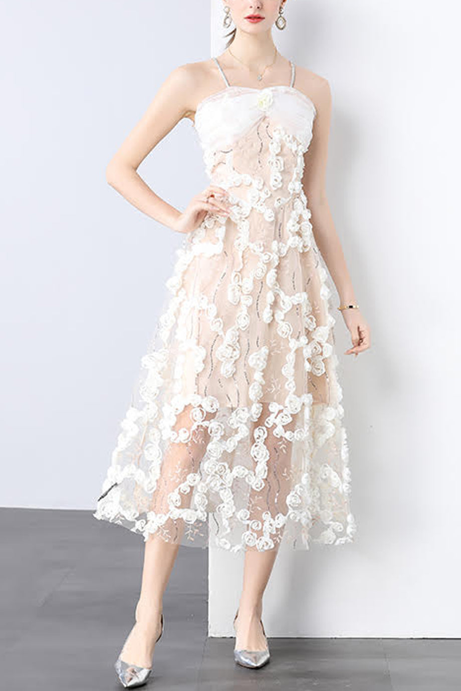 Mist Μίντι Φόρεμα με Δαντέλα και Τούλι | Γυναικεία Φορέματα | Mist Floral Mesh Midi Lace Dress