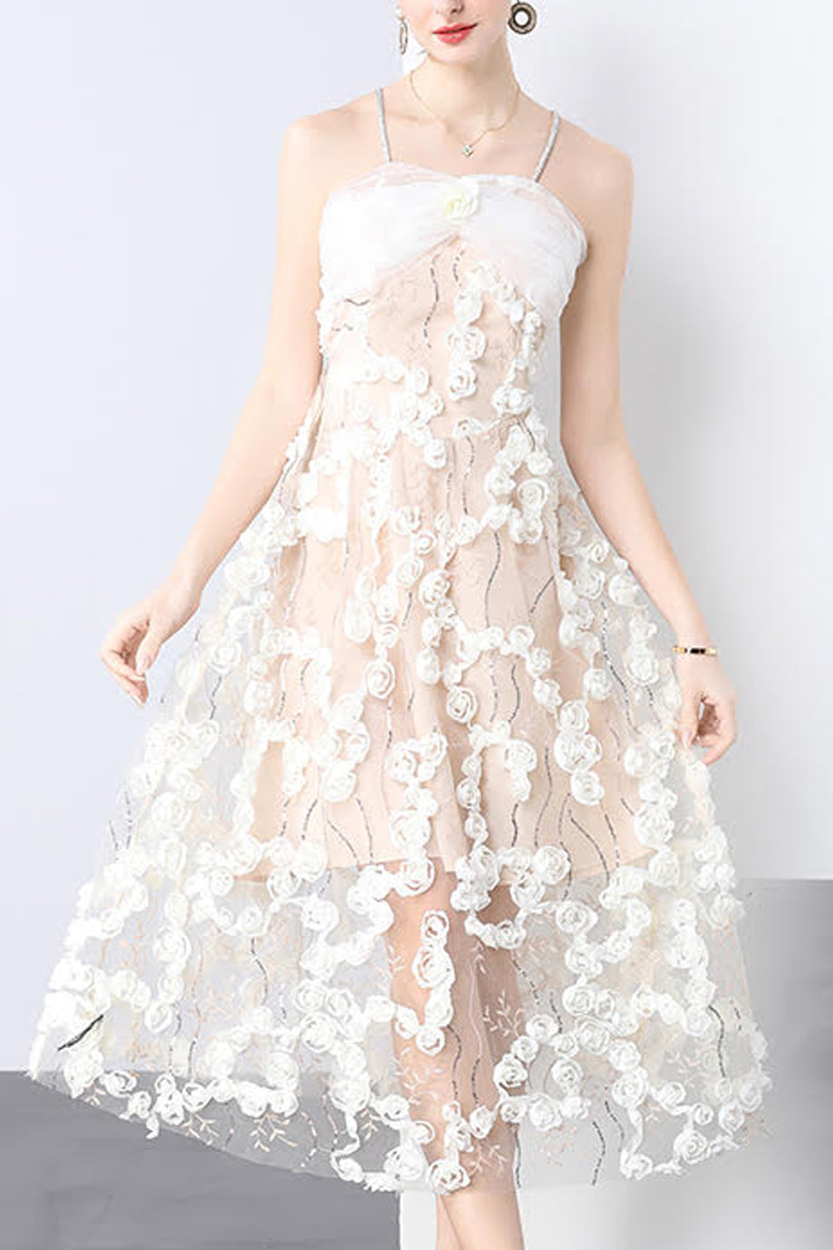 Mist Μίντι Φόρεμα με Δαντέλα και Τούλι | Γυναικεία Φορέματα | Mist Floral Mesh Midi Lace Dress