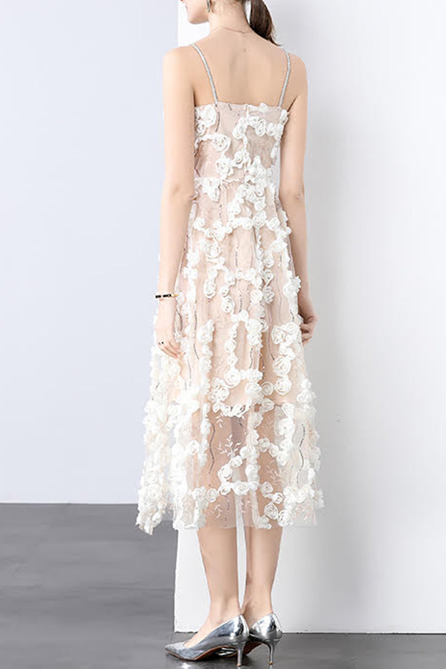 Mist Μίντι Φόρεμα με Δαντέλα και Τούλι | Γυναικεία Φορέματα | Mist Floral Mesh Midi Lace Dress