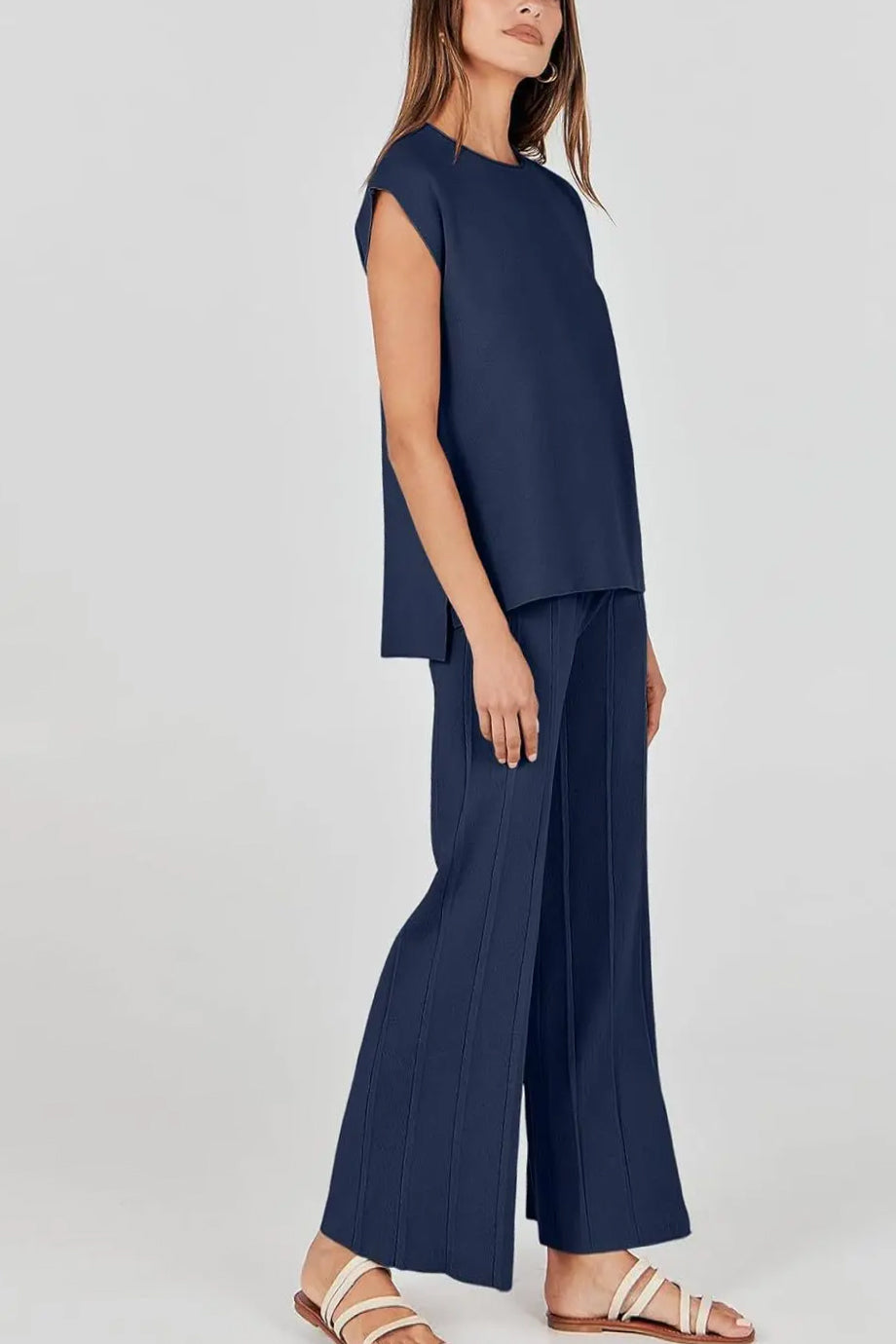 Naya Μπλε Πλεκτό Σετ Τοπ και Παντελόνι | Γυναικεία Ρούχα - Πλεκτά Σετ | Naya Blue Knit Set with Asymmetric Top and Pants