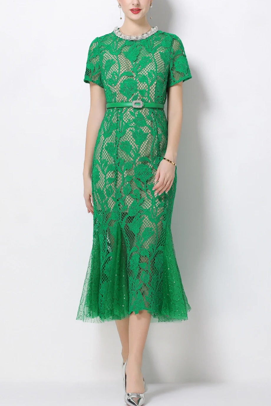 Verdielle Πράσινο Μίντι Φόρεμα με Δαντέλα | Βραδινά Φορέματα - Evening Dresses | Verdielle Green Lace Midi Dress