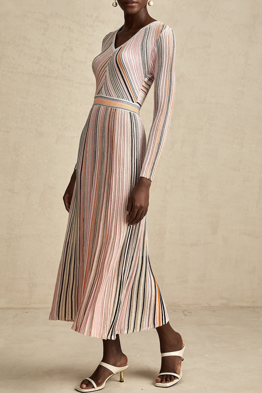 Mathilde Ροζ Πλεκτό Μίντι Φόρεμα με Ρίγες | Φορέματα - Dresses | Mathilde Pink Metallic Striped Knit Midi Dress