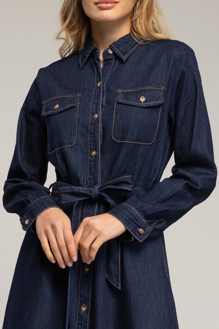 Darvienne Μακρύ Τζιν Φόρεμα με Κουμπιά και Ζώνη | Γυναικεία Φορέματα - dresses| Darvienne Denim Maxi Shirt Dress with Buttons and Waist Belt