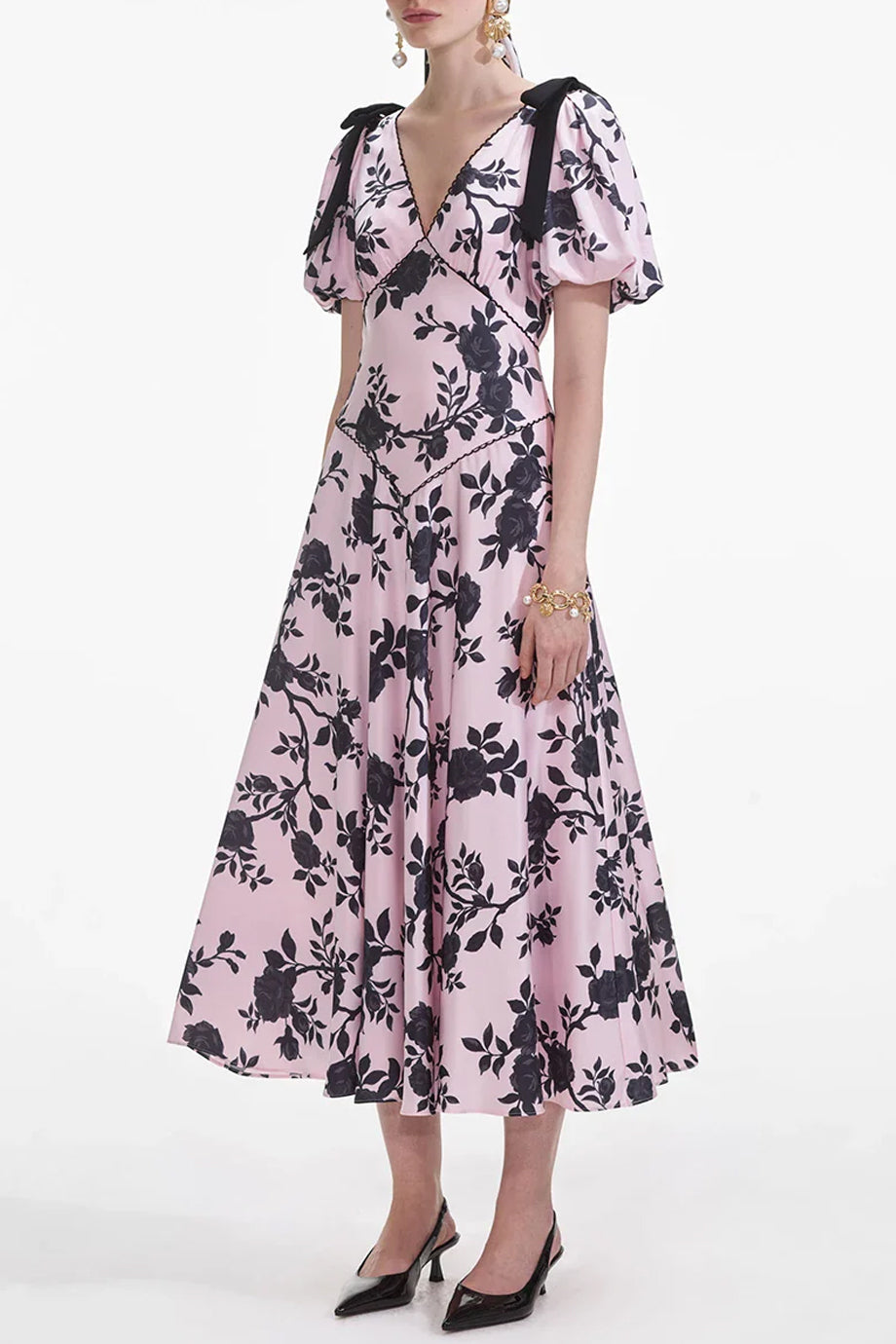 Estrella Μίντι Φόρεμα με Φλοράλ Εμπριμέ | Γυναικεία Φορέματα - Evening dresses | Estrella Floral Midi Dress with Shoulder Bows