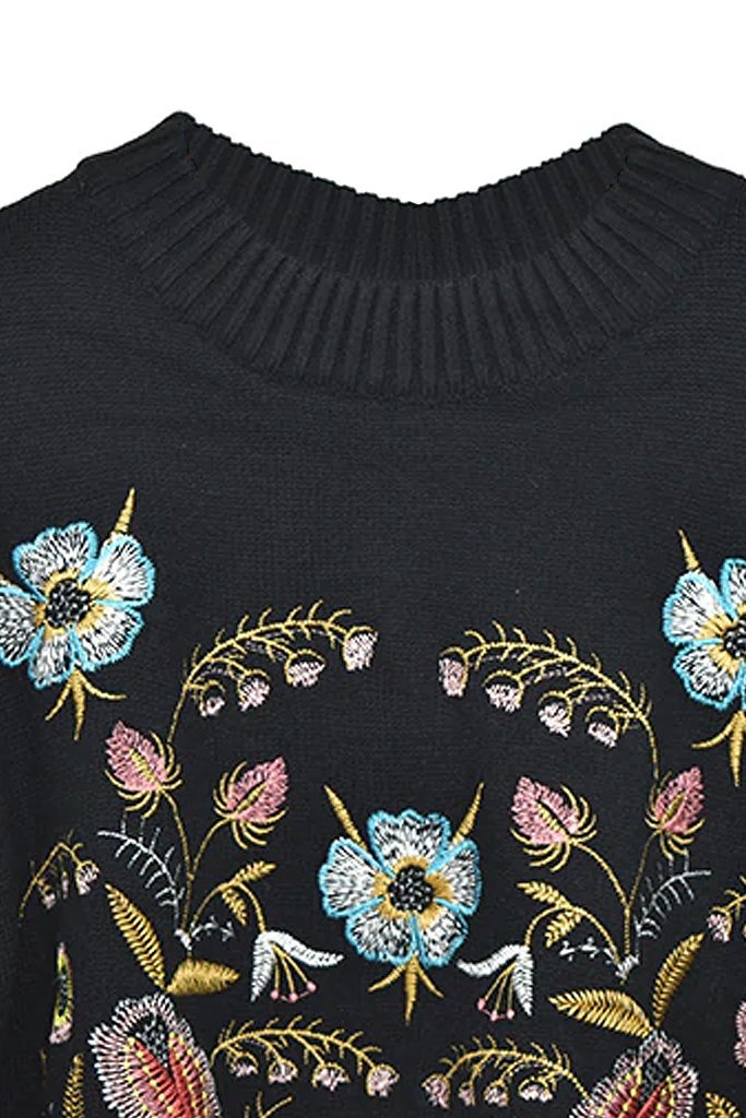Kerin Μαύρο Πουλόβερ με Κέντημα Λουλουδιών | Γυναικεία Ρούχα - Μπλούζες - Πουλόβερ - Πλεκτά