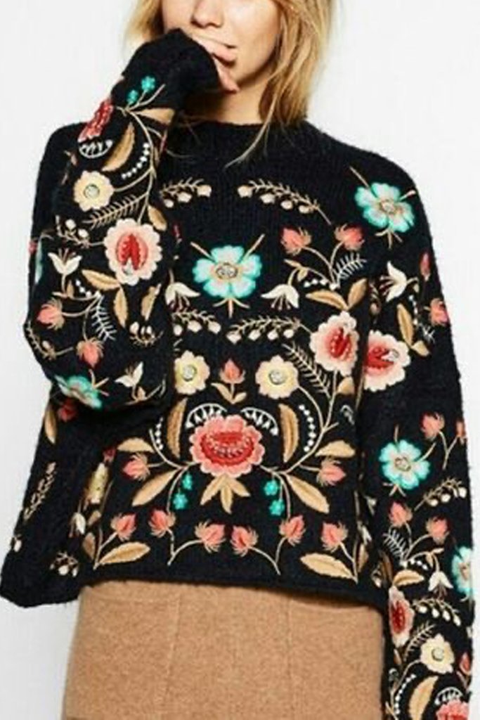 Kerin Μαύρο Πουλόβερ με Κέντημα Λουλουδιών | Γυναικεία Ρούχα - Μπλούζες - Πουλόβερ - Πλεκτά