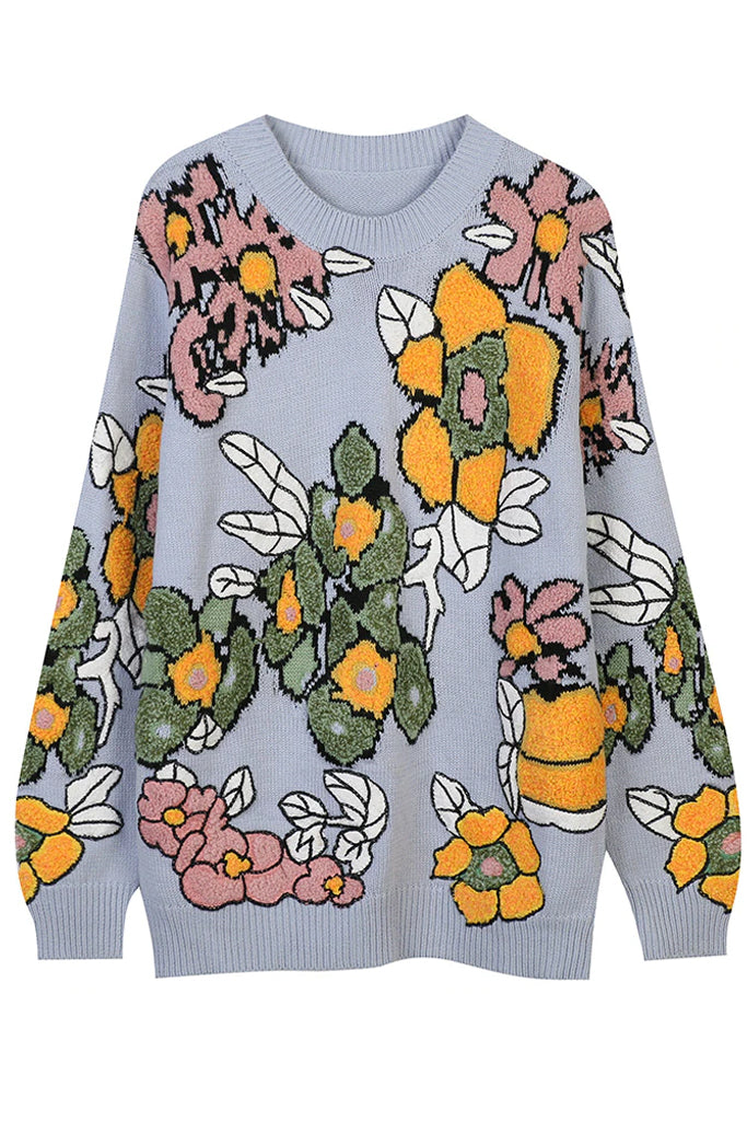 Jacey Γαλάζιο Πουλόβερ με Κεντήματα Λουλουδιών | Γυναικεία Ρούχα - Μπλούζες - Πουλόβερ - Πλεκτά