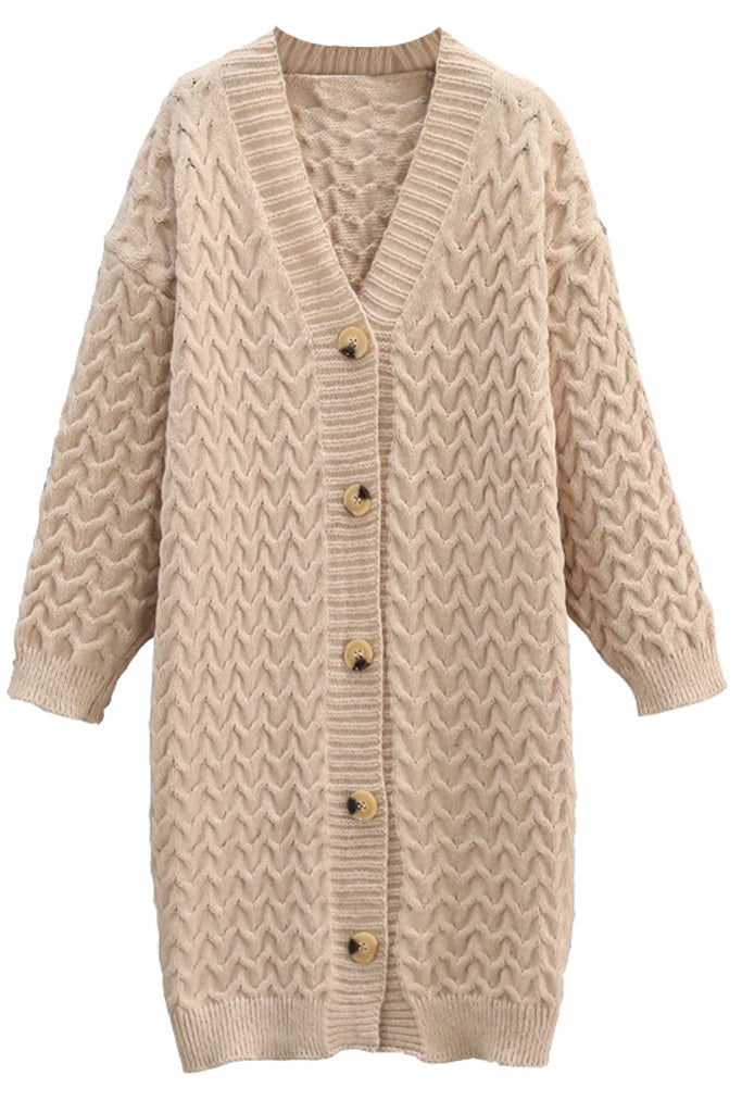 Sarlina Μπεζ Μακριά Πλεκτή Ζακέτα | Γυναικεία Ρούχα - Ζακέτες - Πλεκτά - Sarlina Beige Long Knitted Jacket