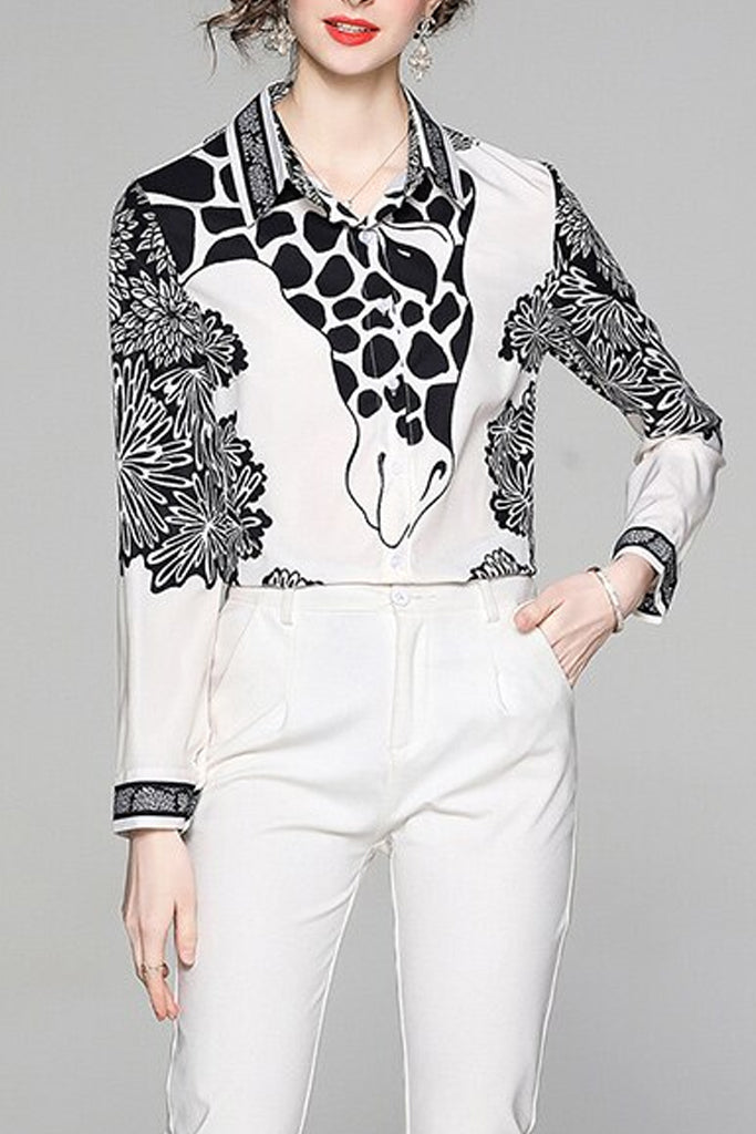 Giraffe Ασπρόμαυρο Πουκάμισο με Σχέδια | Γυναικεία Ρούχα - Πουκάμισα