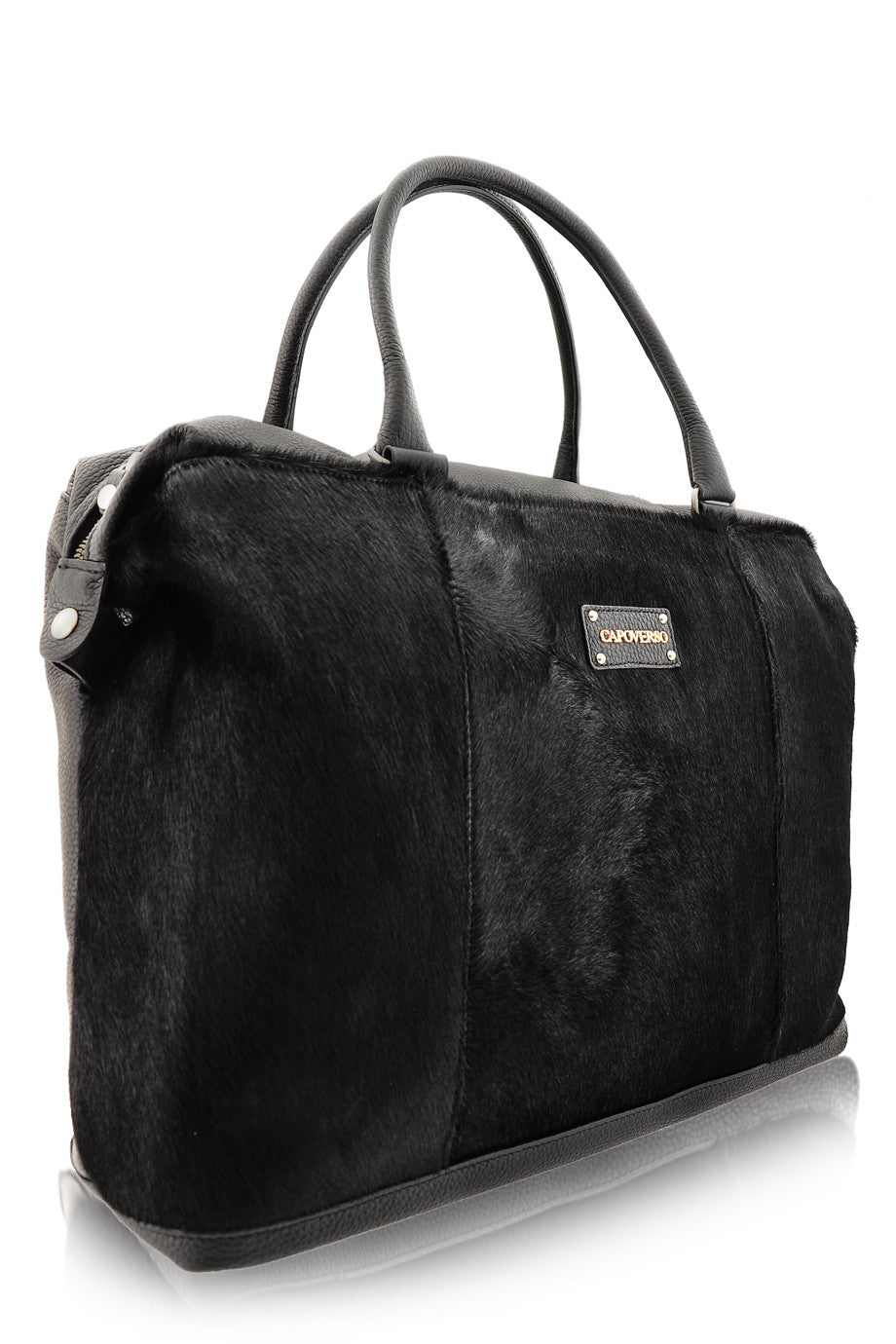 CAPOVERSO CAVALLINO Sac en Cuir Noir avec Poils de Poney