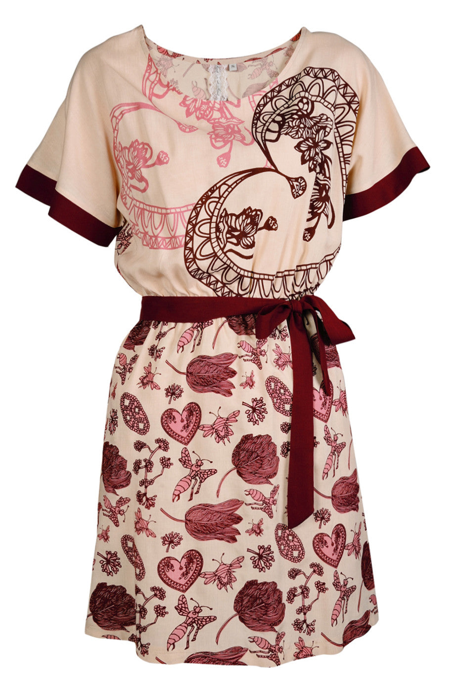 Μπεζ Φόρεμα με Μπορντό Σχέδια | Φορέματα - Mismash
