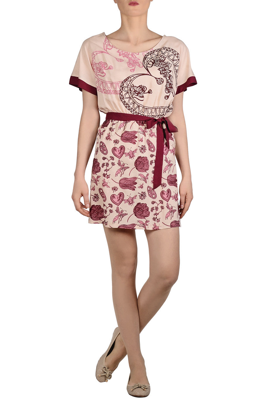 Μπεζ Φόρεμα με Μπορντό Σχέδια | Φορέματα - Mismash