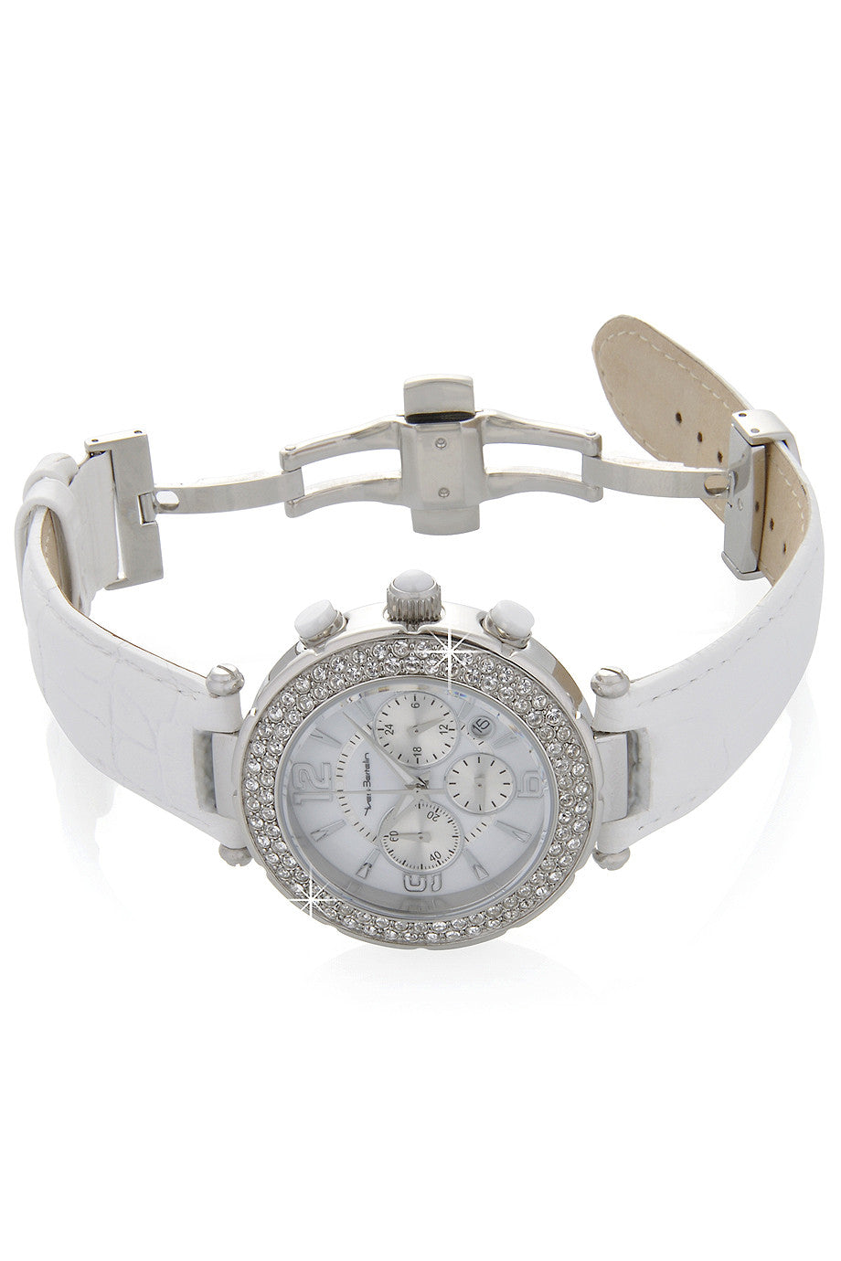 SUIR White Leather Chronograph Watch with Crystals