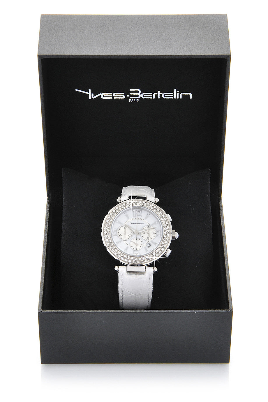 SUIR White Leather Chronograph Watch with Crystals