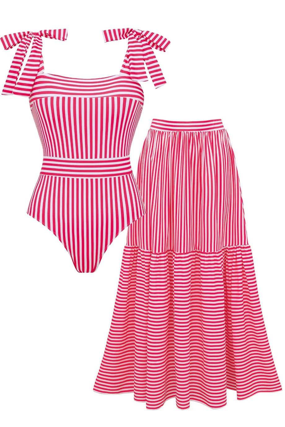 Rocio Ριγέ Ολόσωμο Μαγιό και Φούστα Παρεό Σετ | Μαγιό - Ολόσωμα - Swimwear One Piece | Rocio Striped One-Piece Swimsuit with Pareo Skirt Set