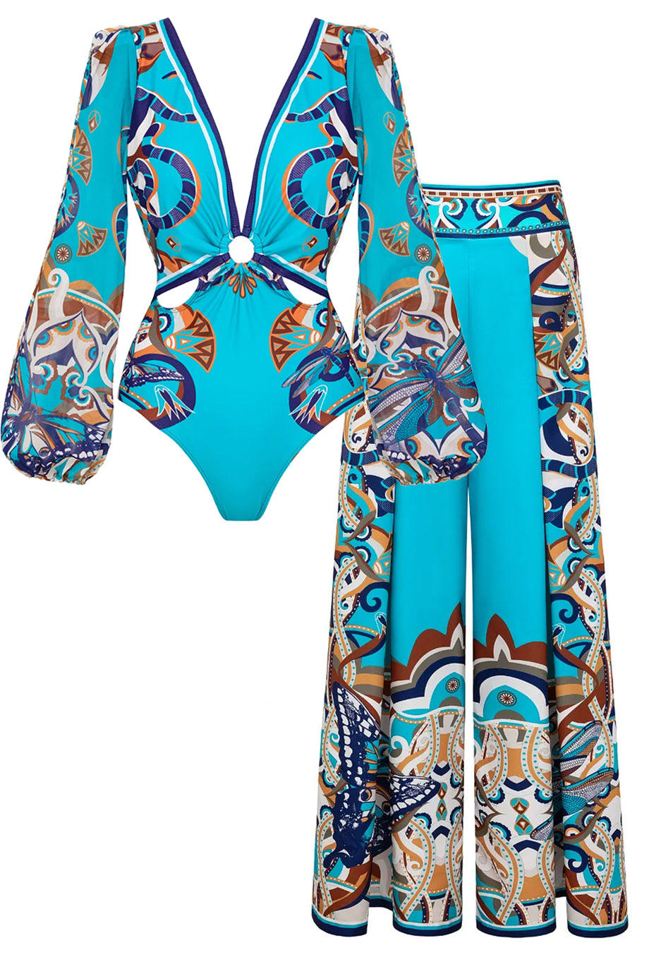 Irasmia Τιρκουάζ Ολόσωμο Μαγιό και Παντελόνα Παρεό Σετ | Μαγιό - Ολόσωμα - Swimwear One Piece | Irasmia Turquoise One-Piece Swimsuit with Pareo Trousers Set