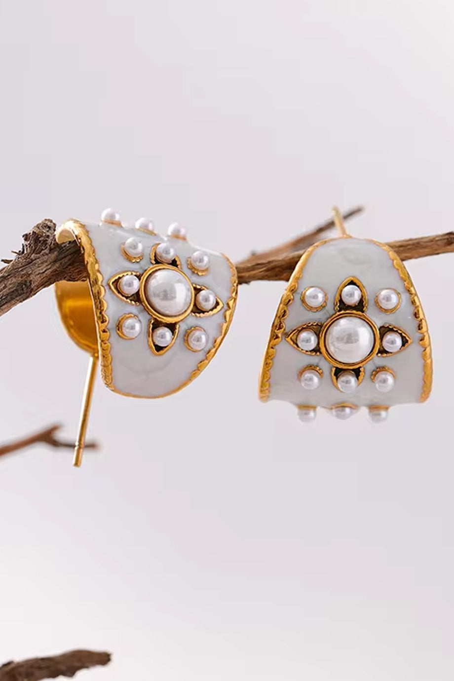 Cyrisse White Enamel Hoop Earrings with Pearls