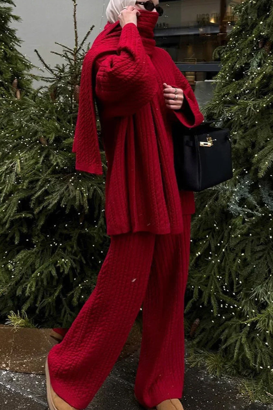 Garnet Πλεκτό Σετ με Rib Υφή με Τοπ και Παντελόνι | Πλεκτά Σετ - Knitwear Sets| Garnet Ribbed Knit Set with Top and Trousers