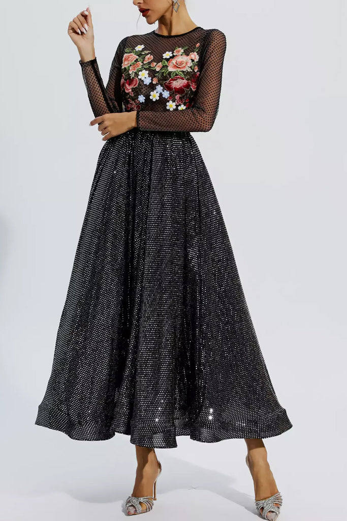Elaina Black Evening Dress with Tulle and Embroidery