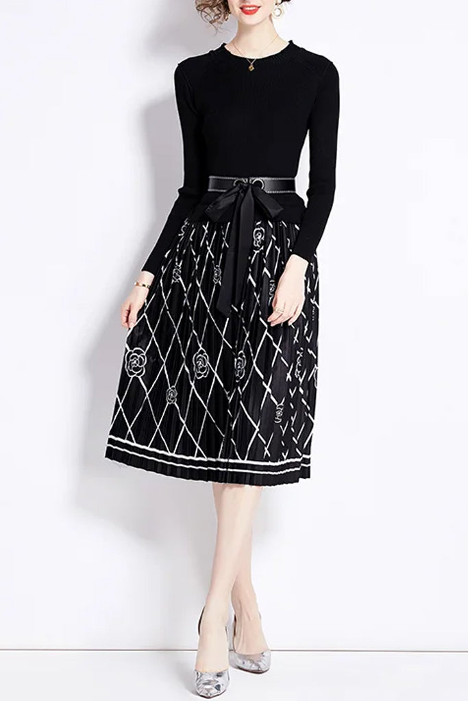 Solacia Black Printed Dress with Belt