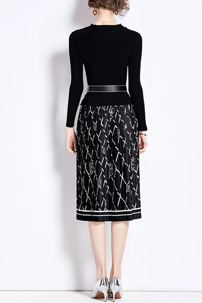 Solacia Black Printed Dress with Belt