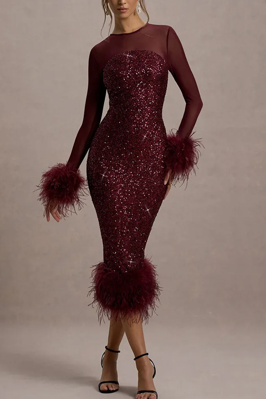 Dalisse Φόρεμα με Παγιέτες και Φτερά | Βραδινά Φορέματα Evening Dresses | Dalisse Sequin Midi Dress with Feather Trim