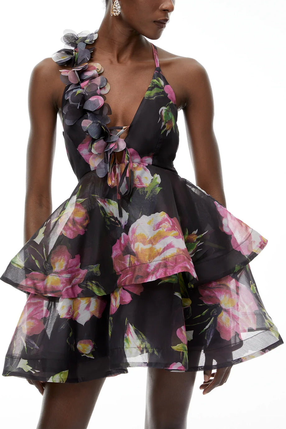 Chione Φλοράλ Μίνι Φόρεμα με Βολάν και Ανοικτή Πλάτη | Βραδινά Φορέματα Evening Dresses | Chione Floral Mini Dress with Asymmetric Strap and Layered Ruffle Skirt