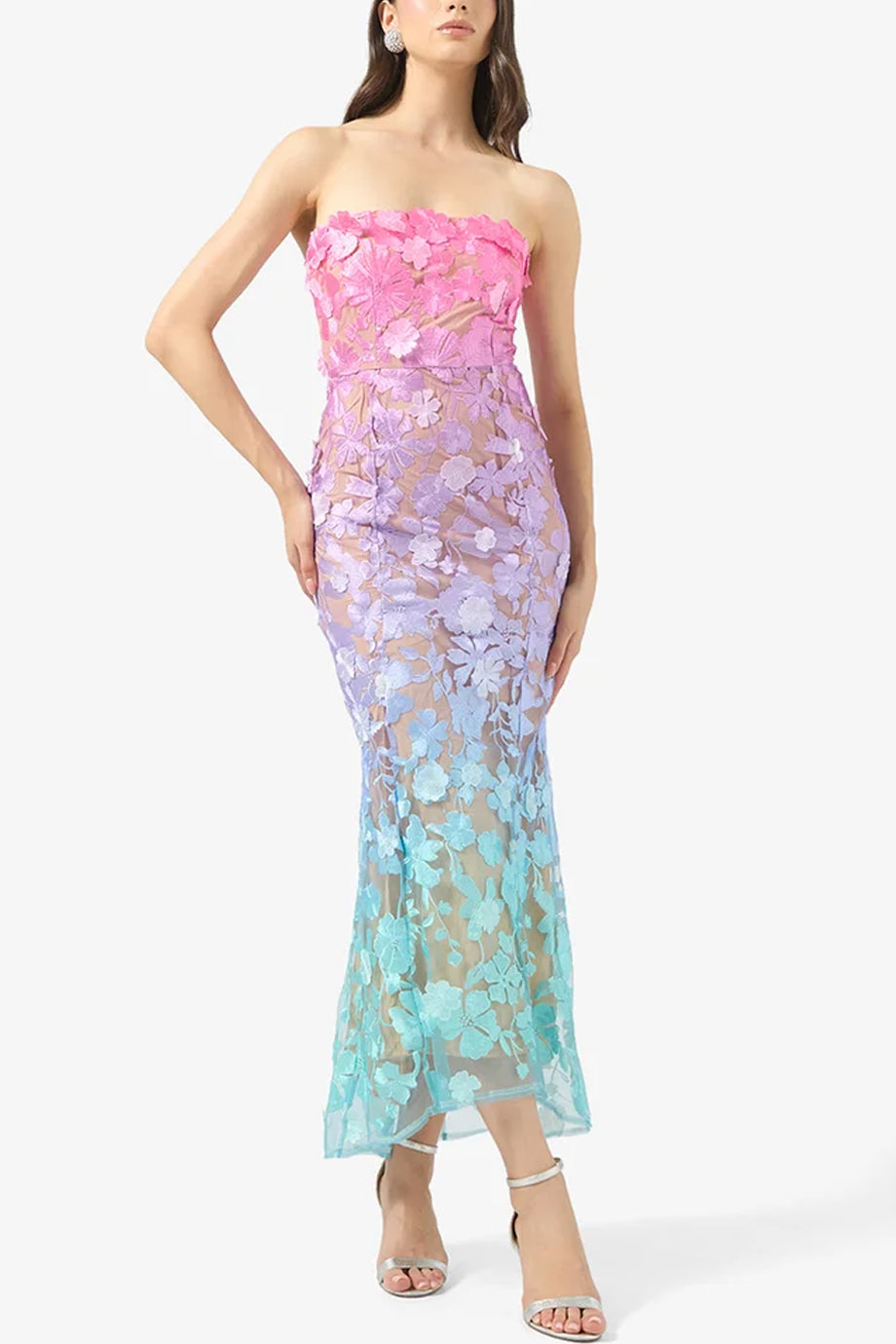 Evania Στράπλες Φόρεμα με Φλοράλ Δαντέλα και Ombre Χρώματα | Βραδινά Φορέματα - Evening Dresses | Evania Strapless Ombre Floral Lace Evening Dress