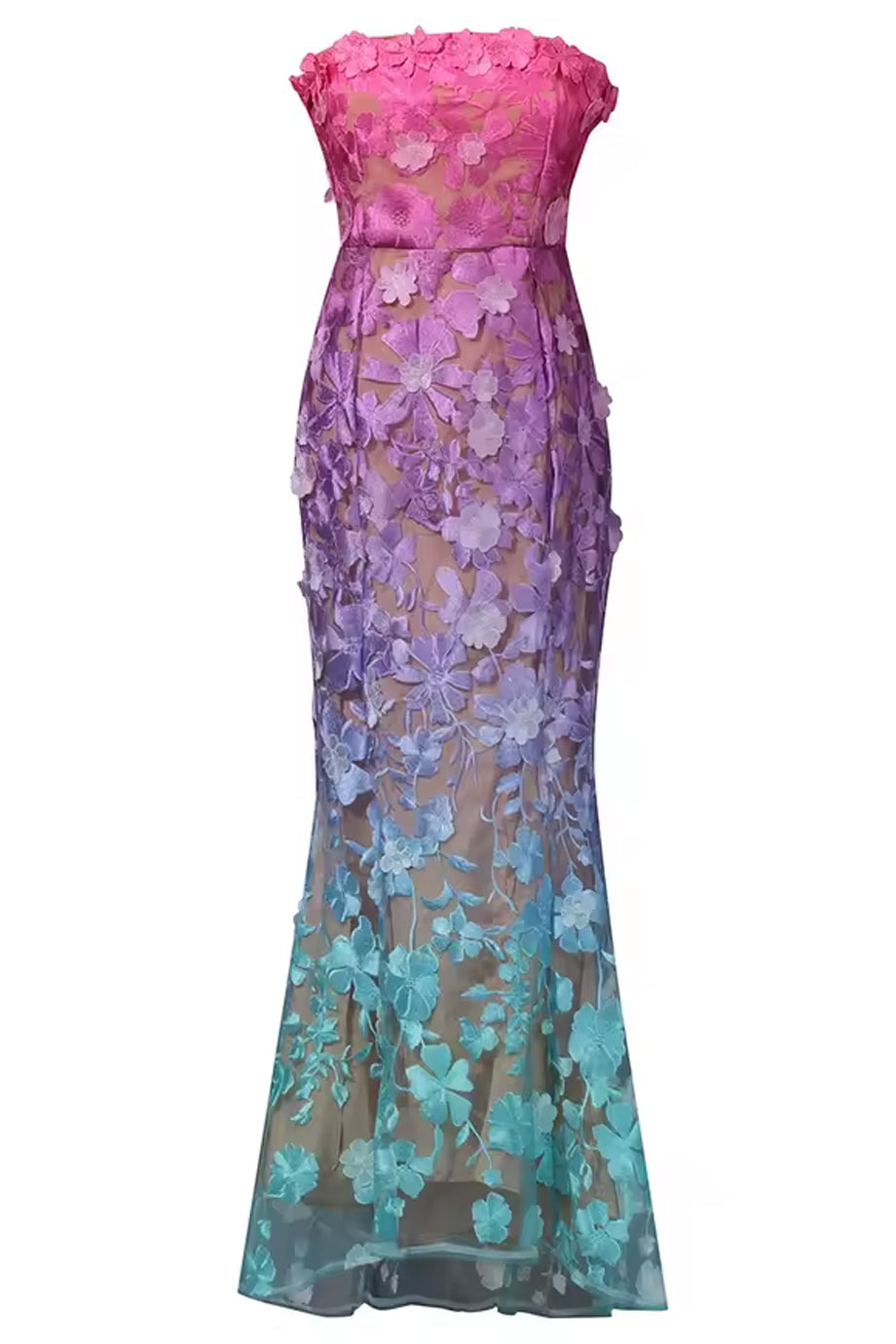 Evania Στράπλες Φόρεμα με Φλοράλ Δαντέλα και Ombre Χρώματα | Βραδινά Φορέματα - Evening Dresses | Evania Strapless Ombre Floral Lace Evening Dress