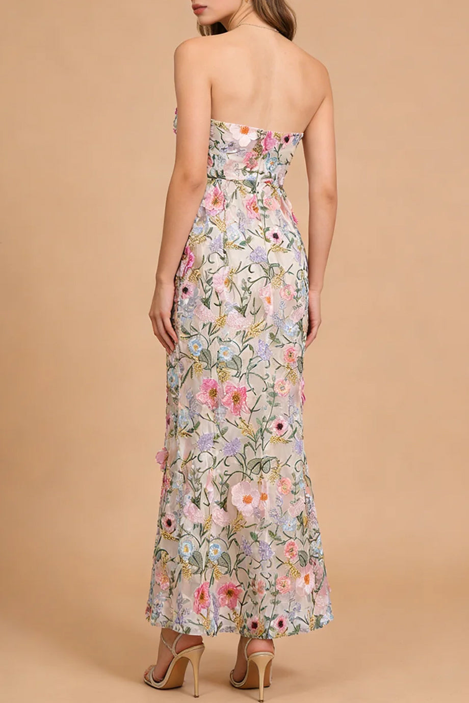 Bellevia Στράπλες Μάξι Φόρεμα με Φλοράλ Δαντέλα | Βραδινά Φορέματα - Evening Dresses | Bellevia Strapless Floral Lace Evening Dress