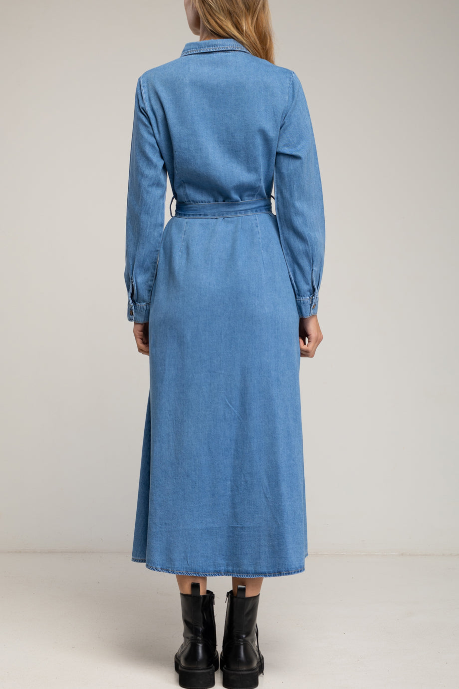 Darvienne Μακρύ Τζιν Φόρεμα με Κουμπιά και Ζώνη | Γυναικεία Φορέματα - dresses| Darvienne Denim Maxi Shirt Dress with Buttons and Waist Belt