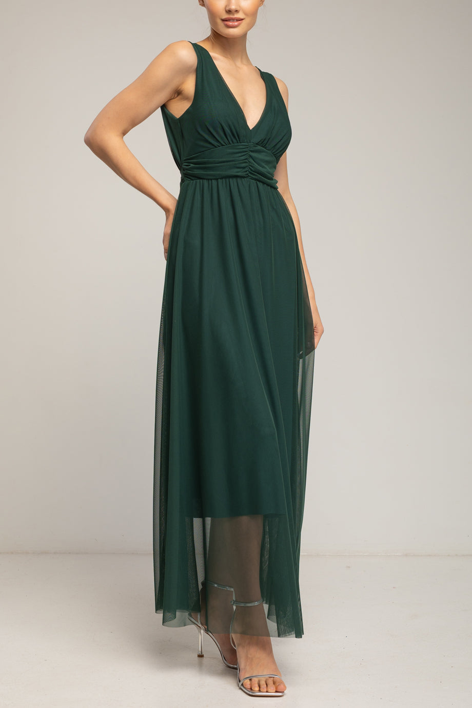 Velmora Πράσινο Μακρύ Αμάνικο Φόρεμα από Τούλι με Λαιμόκοψη V | Γυναικεία Φορέματα - Evening Dresses| Velmora Green Long Sleeveless Tulle Dress with V-Neckline