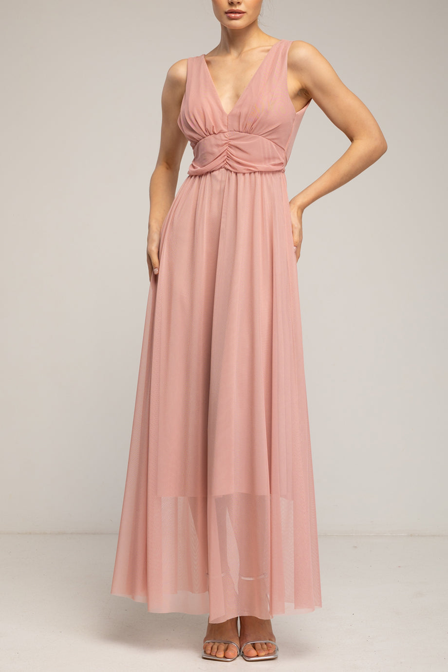 Velmora Ροζ Μακρύ Αμάνικο Φόρεμα από Τούλι με Λαιμόκοψη V | Γυναικεία Φορέματα - Evening Dresses| Velmora Pink Long Sleeveless Tulle Dress with V-Neckline