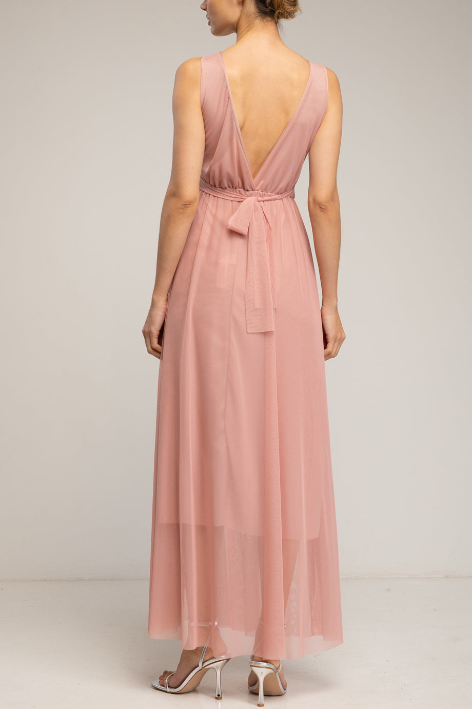 Velmora Ροζ Μακρύ Αμάνικο Φόρεμα από Τούλι με Λαιμόκοψη V | Γυναικεία Φορέματα - Evening Dresses| Velmora Pink Long Sleeveless Tulle Dress with V-Neckline