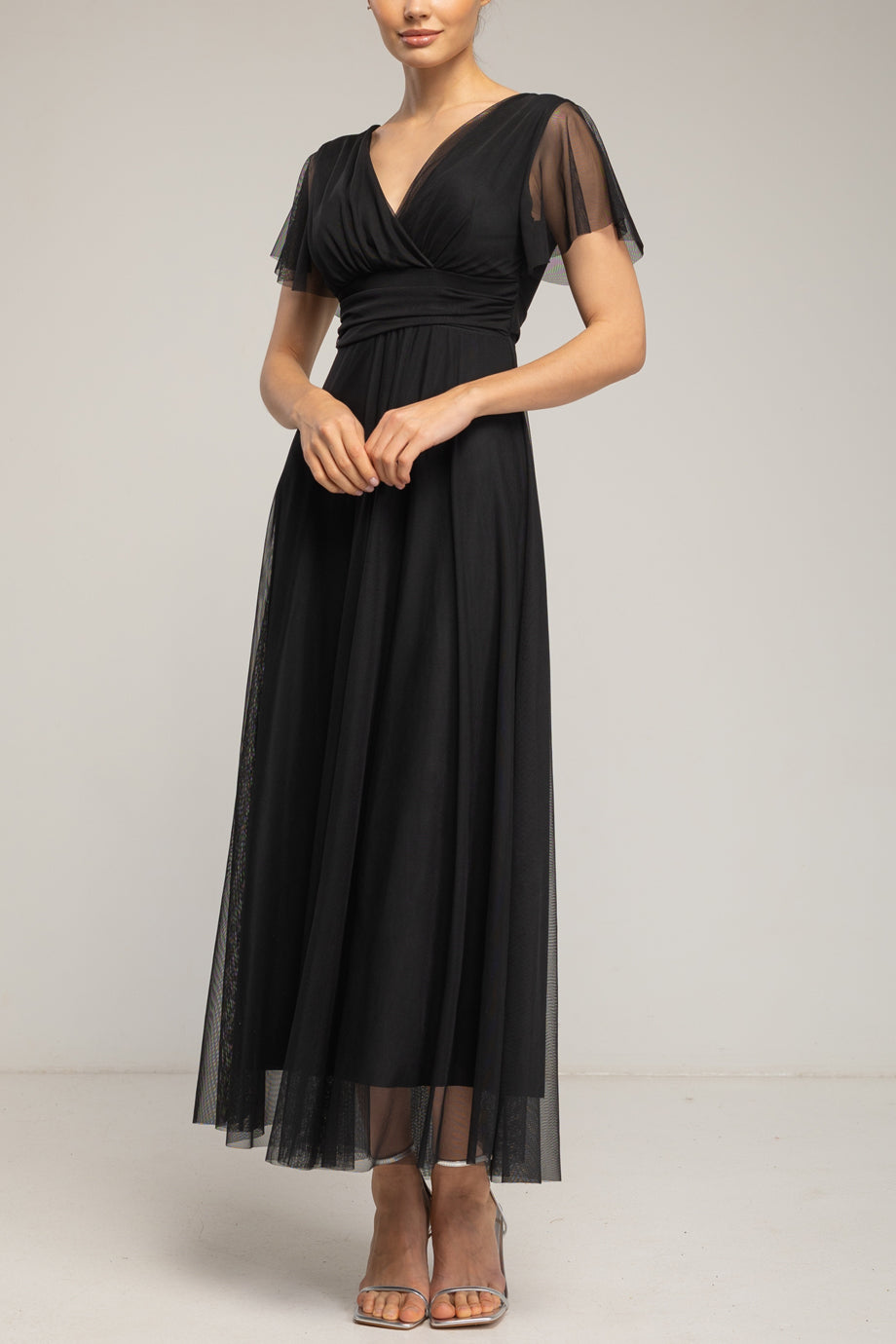 Amelune Μαύρο Μακρύ Φόρεμα από Τούλι με Λαιμόκοψη V | Γυναικεία Φορέματα - Evening Dresses| Amelune Black Long Tulle Dress with V-Neckline