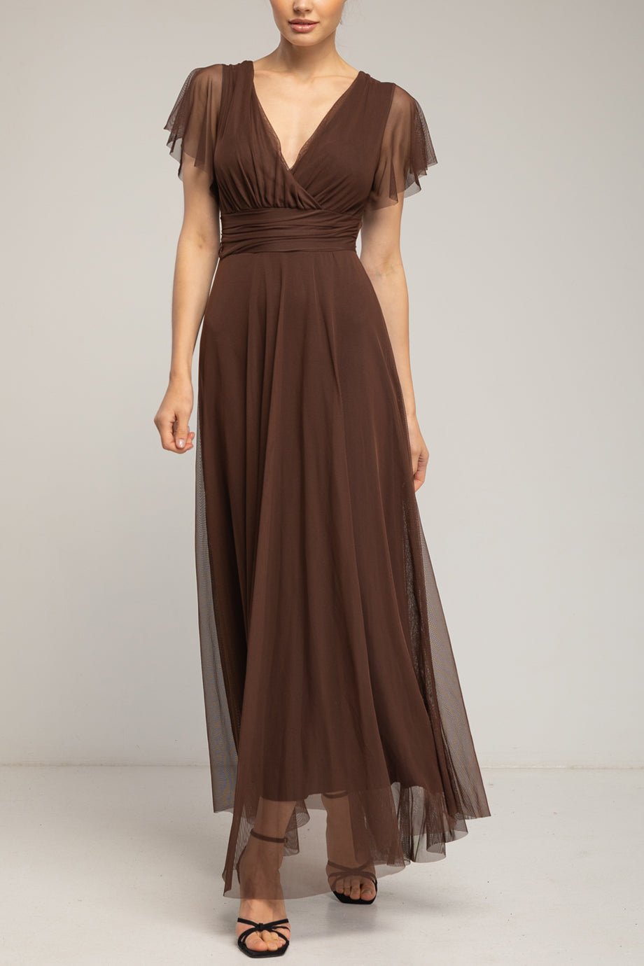 Amelune Καφέ Μακρύ Φόρεμα από Τούλι με Λαιμόκοψη V | Γυναικεία Φορέματα - Evening Dresses| Amelune Brown Long Tulle Dress with V-Neckline