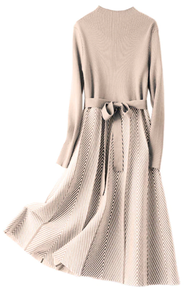 Clodine Μπεζ Πλεκτό Φόρεμα με σχέδιο Ψαροκόκαλο | Φορέματα - Πλεκτά